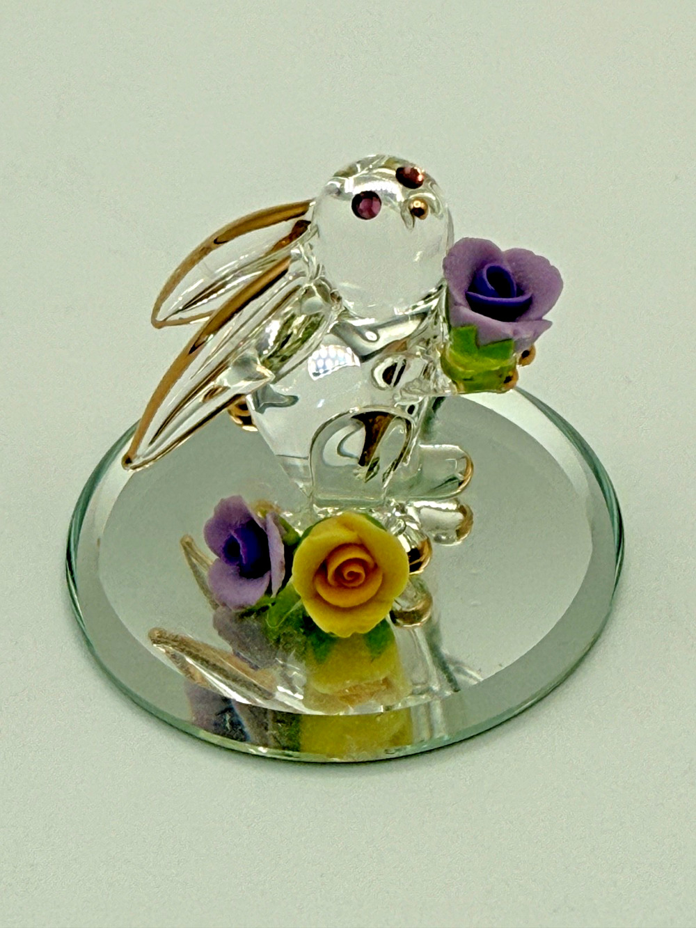 Glass Baron GU 141 Glass Bunny Rabbit Roses Crystal 22K Gold Figurine 1.5"